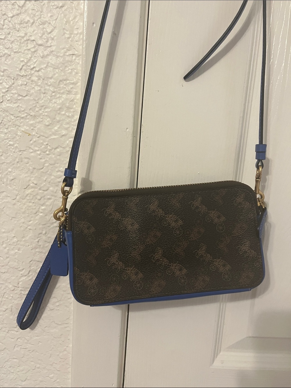 Coach Brown Kira Truffle Fin Blue Signature Crossbody Wristlet with strap